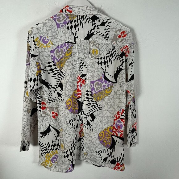 Jac Dale Women's Geometric Print Long Sleeve Collared Blouse White/Black 8 - Picture 2 of 7